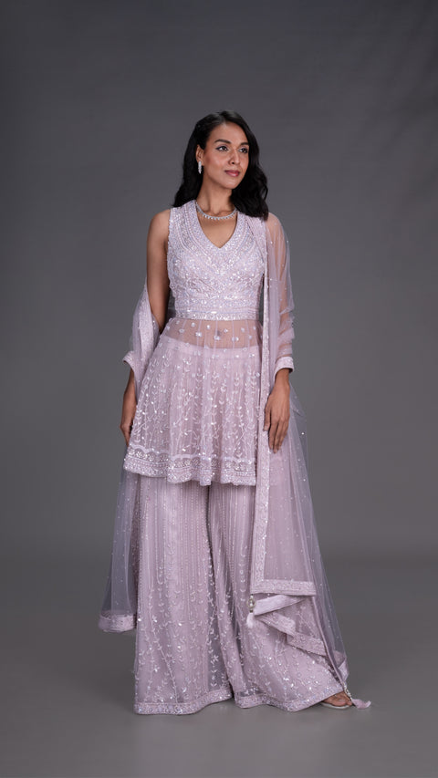 Lavender Net Sharara Set With Dupatta