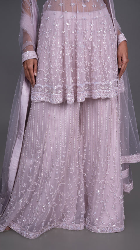 Lavender Net Sharara Set With Dupatta