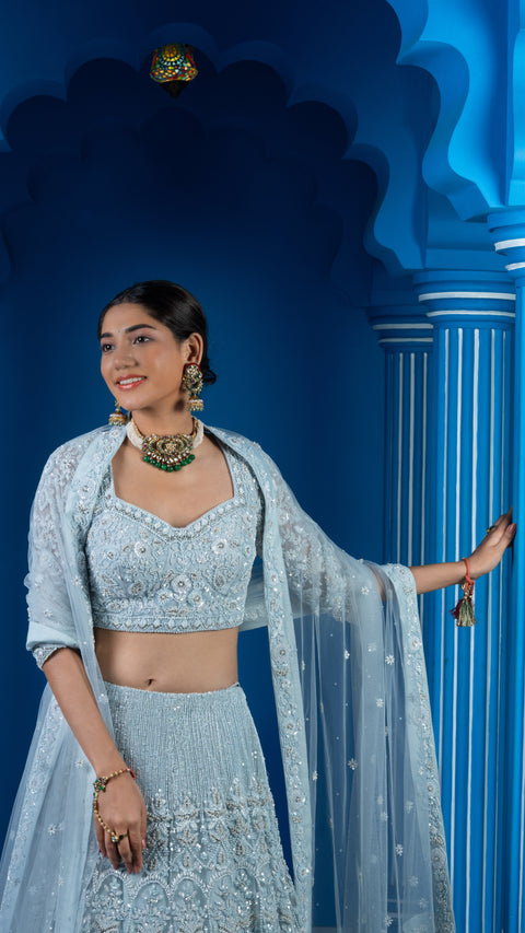 Powder Blue Net Bridal Lehenga With Dupatta