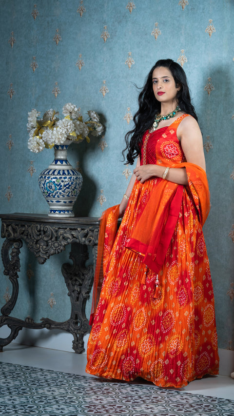 Red Chinnon Indo-western Gown With Net Dupatta