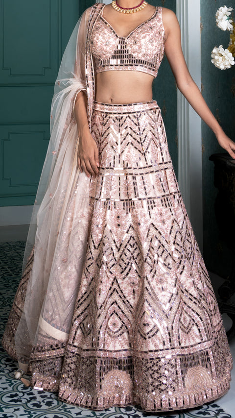 Rose Gold Organza Tissue Bridal Lehenga With Dupatta