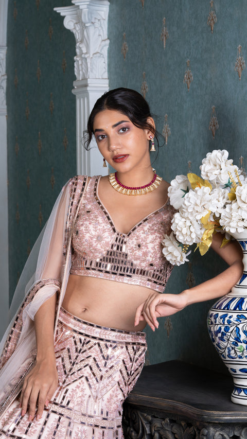 Rose Gold Organza Tissue Bridal Lehenga With Dupatta