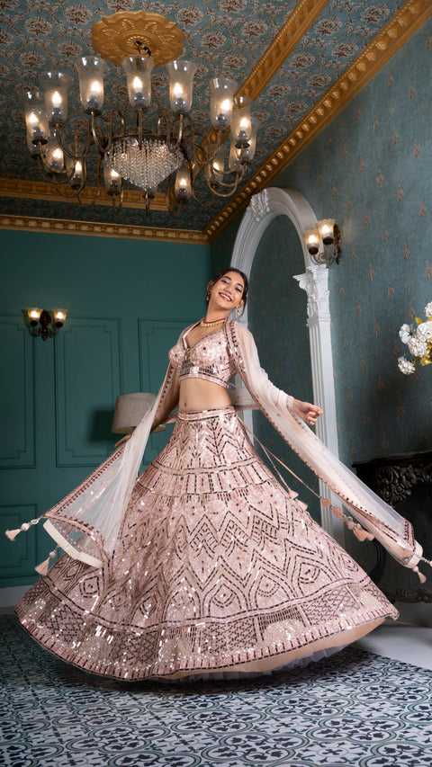 Rose Gold Organza Tissue Bridal Lehenga With Dupatta