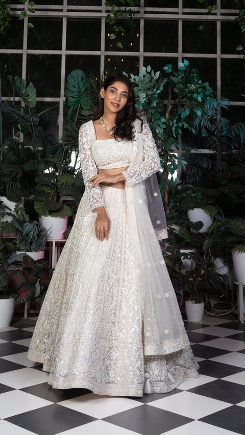 Ivory Organza Bridal Lehenga in Tissue With Dupatta