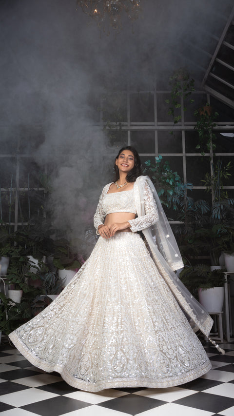 Ivory Organza Bridal Lehenga in Tissue With Dupatta