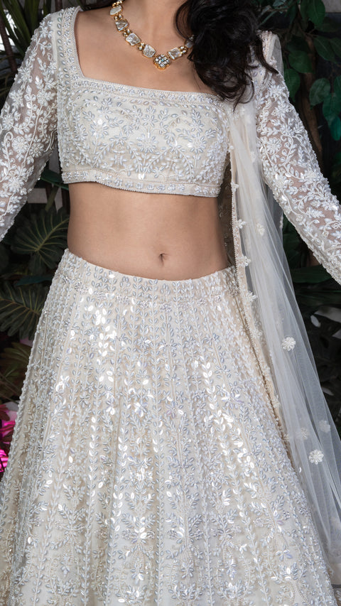 Ivory Organza Bridal Lehenga in Tissue With Dupatta