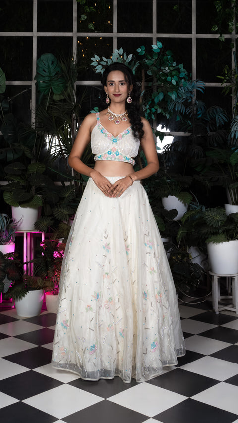 Off White Organza Tissue Bridal Lehenga With Dupatta