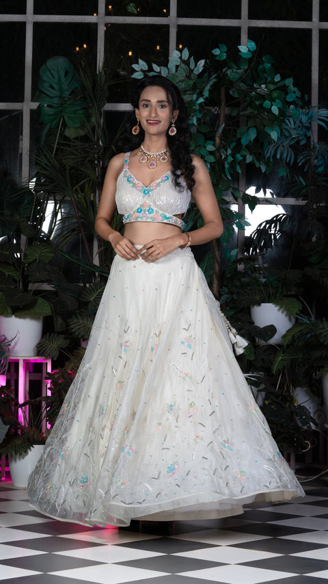 Off White Organza Tissue Bridal Lehenga With Dupatta