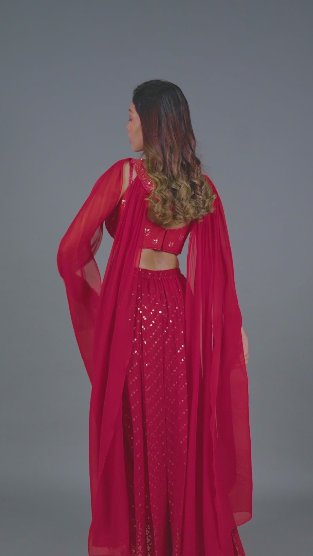 Cherry Red Silk Georgette Palazzo Set with Necklace Dupatta