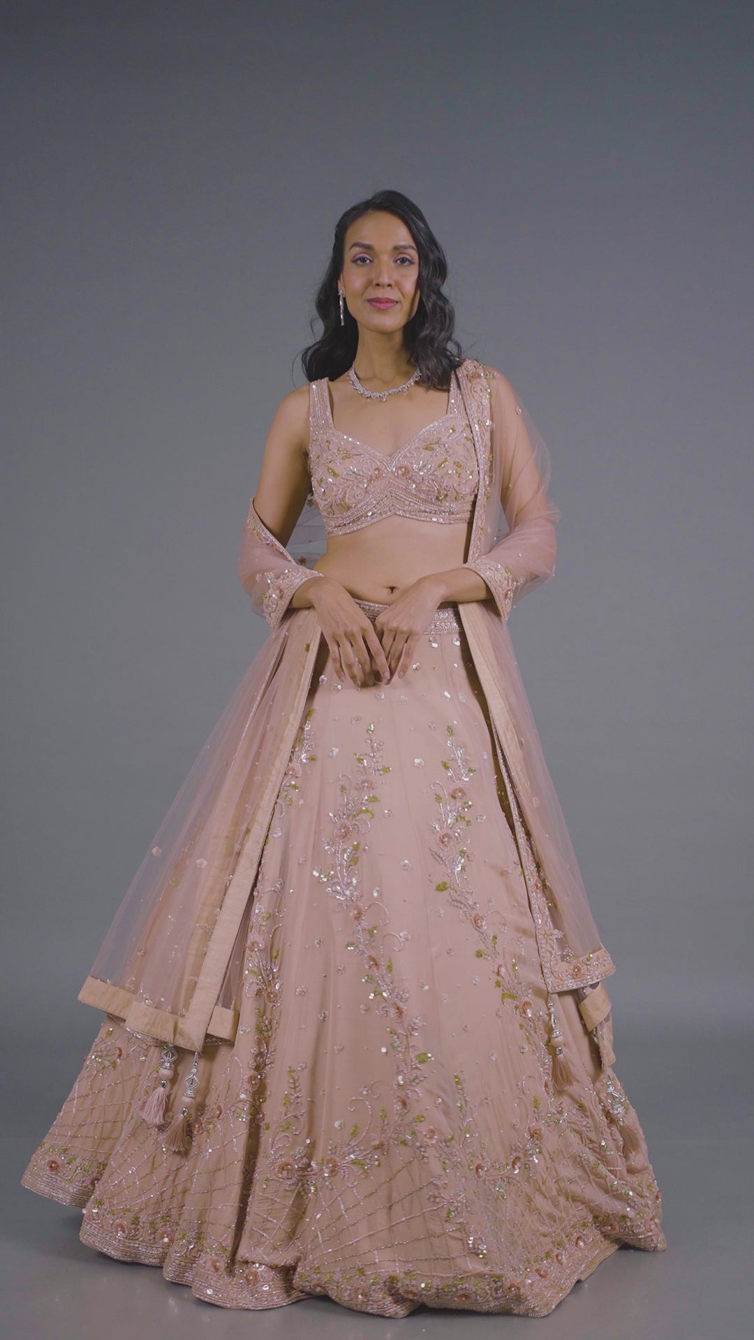 Light Brown Organza Tissue Bridal Lehenga With Dupatta