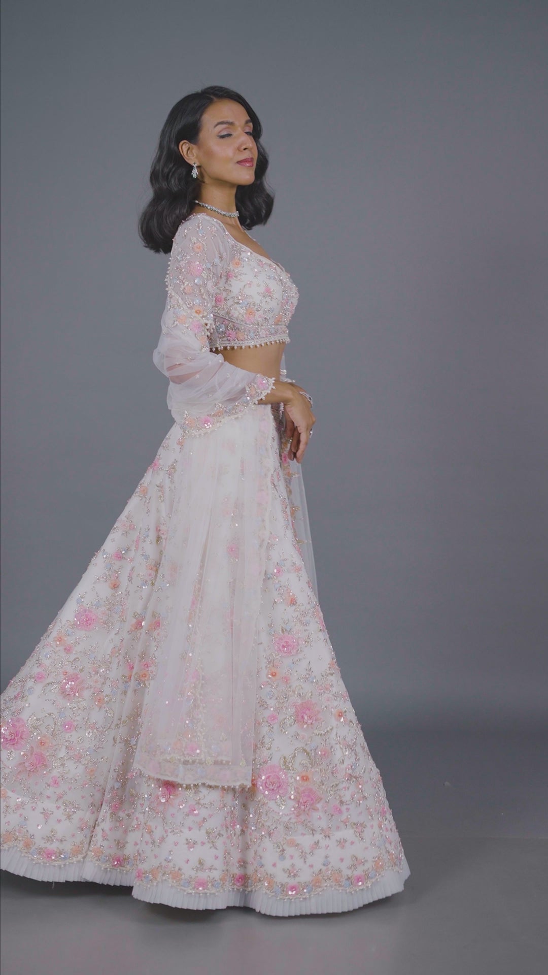 White Floral Net Bridal Lehenga With Dupatta